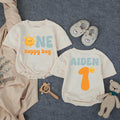 Custom Name First Birthday Romper with Smiling Sun Design, One Happy Boy Outfit in Retro Colors, Soft Baby Bodysuit Gift for 1st Party