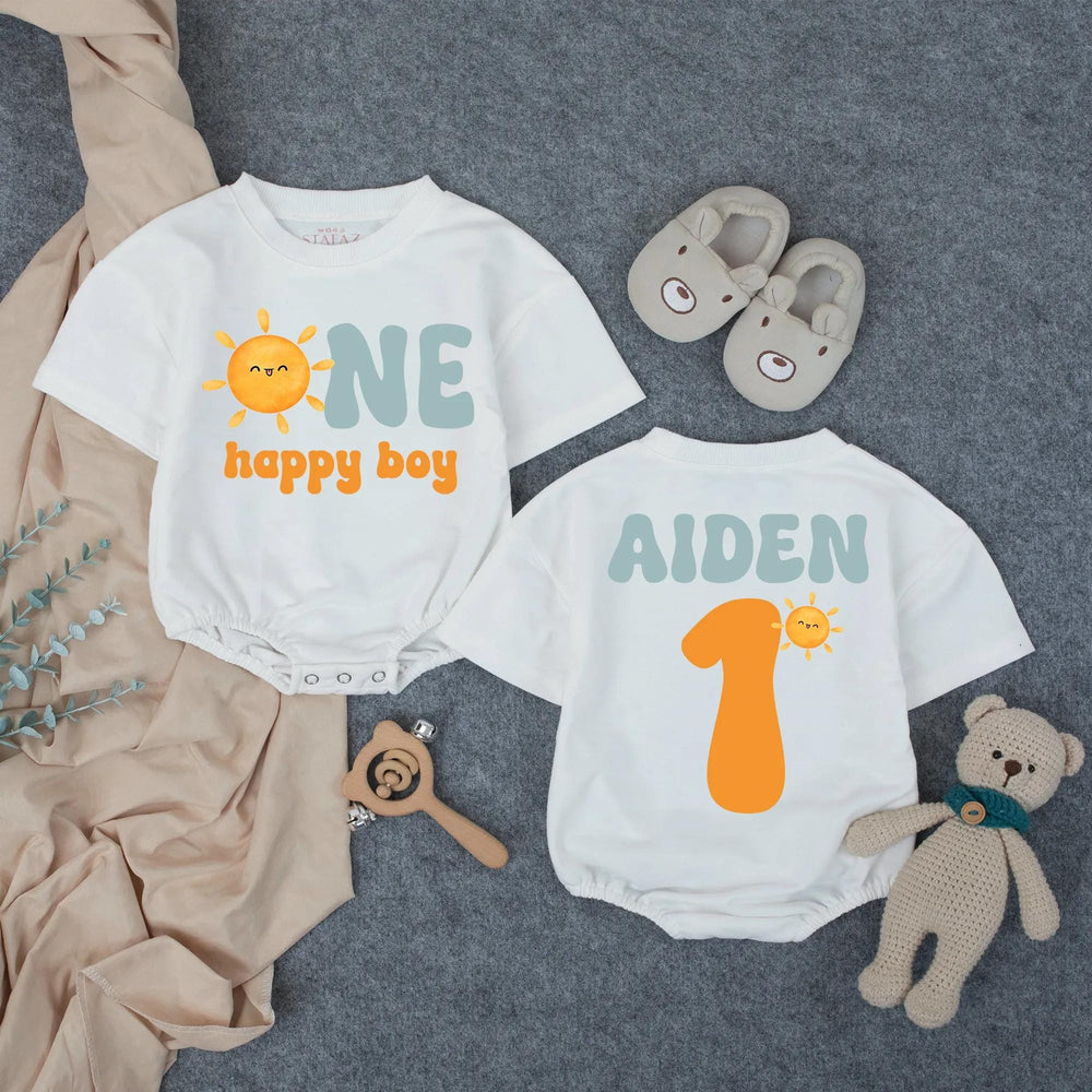 Custom Name First Birthday Romper with Smiling Sun Design, One Happy Boy Outfit in Retro Colors, Soft Baby Bodysuit Gift for 1st Party