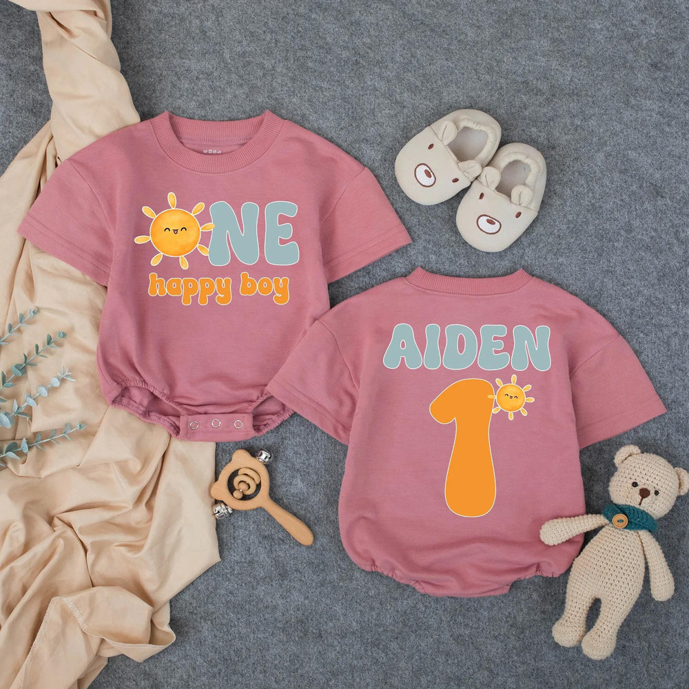 Custom Name First Birthday Romper with Smiling Sun Design, One Happy Boy Outfit in Retro Colors, Soft Baby Bodysuit Gift for 1st Party