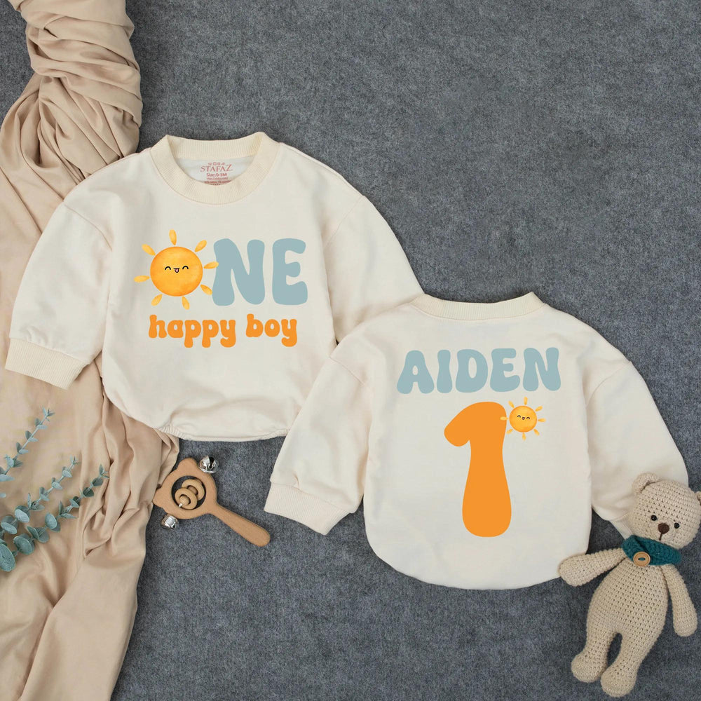 Custom Name First Birthday Romper with Smiling Sun Design, One Happy Boy Outfit in Retro Colors, Soft Baby Bodysuit Gift for 1st Party