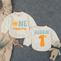 Custom Name First Birthday Romper with Smiling Sun Design, One Happy Boy Outfit in Retro Colors, Soft Baby Bodysuit Gift for 1st Party