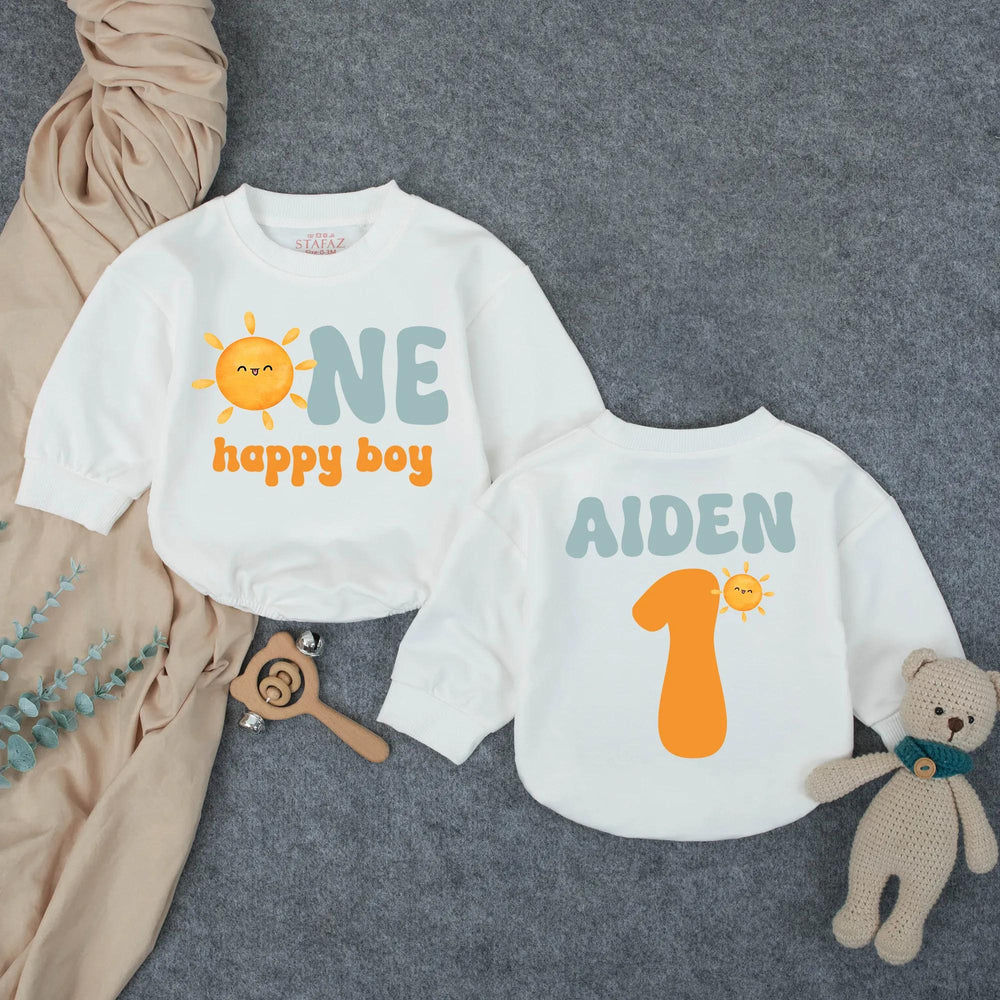 Custom Name First Birthday Romper with Smiling Sun Design, One Happy Boy Outfit in Retro Colors, Soft Baby Bodysuit Gift for 1st Party