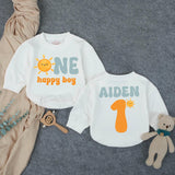 Custom Name First Birthday Romper with Smiling Sun Design, One Happy Boy Outfit in Retro Colors, Soft Baby Bodysuit Gift for 1st Party