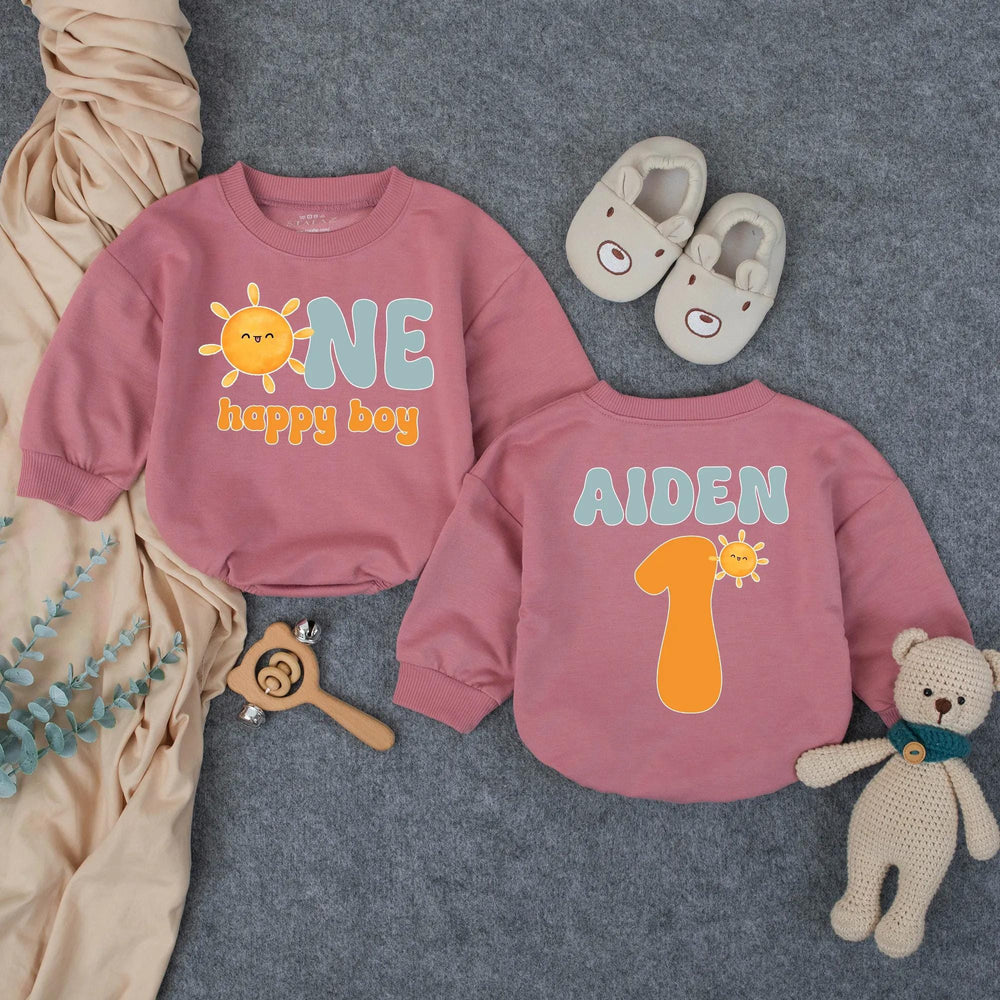 Custom Name First Birthday Romper with Smiling Sun Design, One Happy Boy Outfit in Retro Colors, Soft Baby Bodysuit Gift for 1st Party
