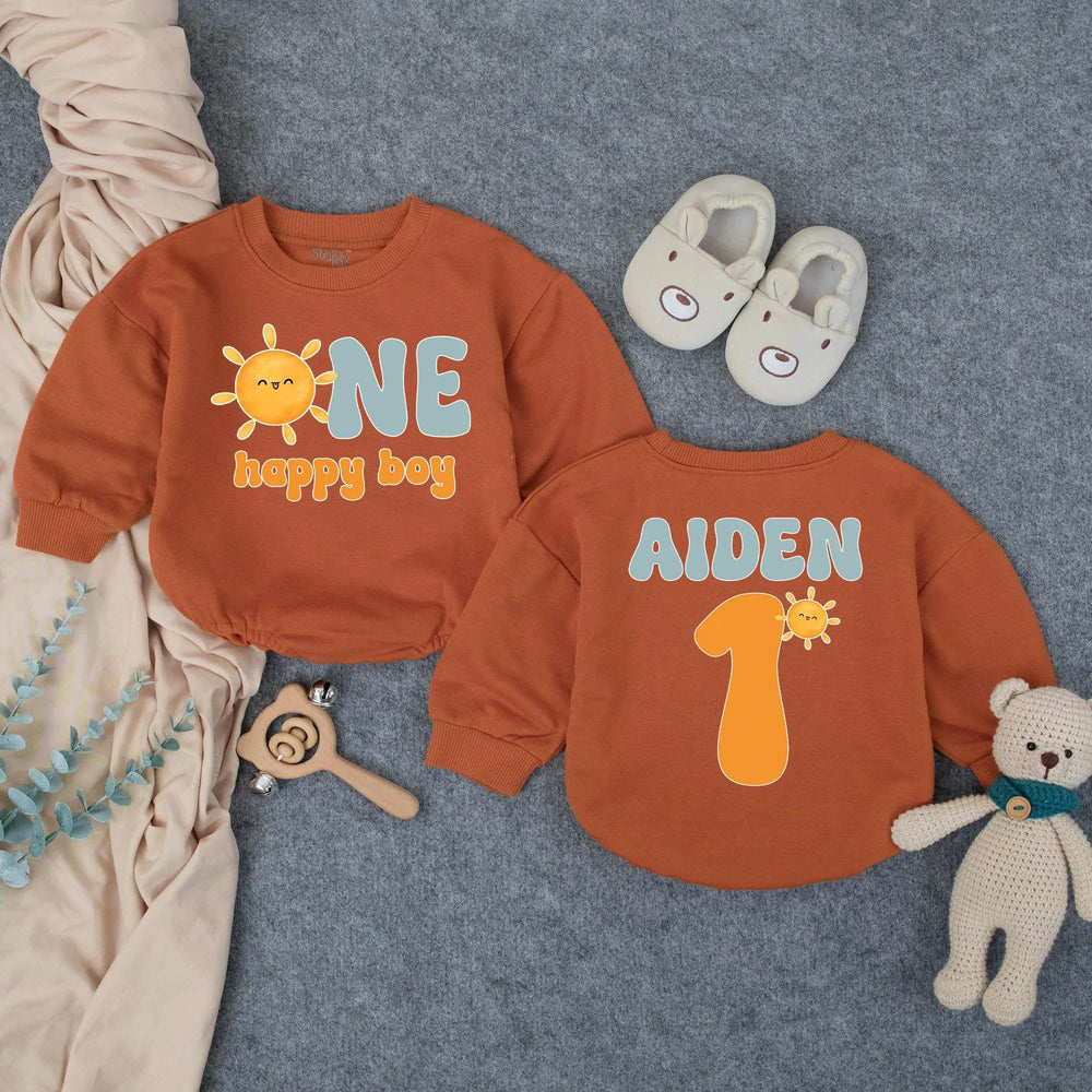 Custom Name First Birthday Romper with Smiling Sun Design, One Happy Boy Outfit in Retro Colors, Soft Baby Bodysuit Gift for 1st Party