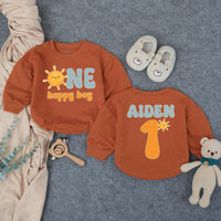 Custom Name First Birthday Romper with Smiling Sun Design, One Happy Boy Outfit in Retro Colors, Soft Baby Bodysuit Gift for 1st Party