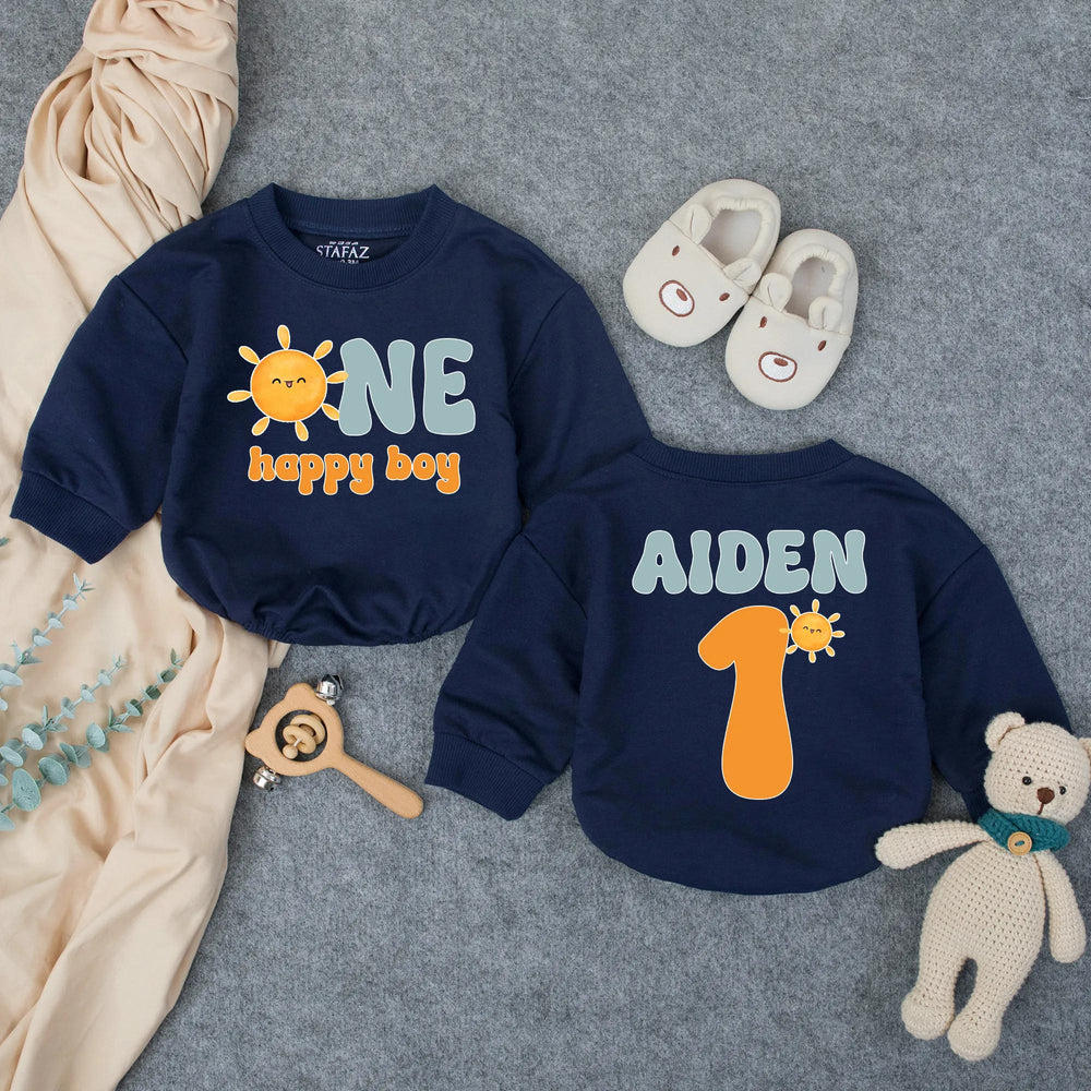 Custom Name First Birthday Romper with Smiling Sun Design, One Happy Boy Outfit in Retro Colors, Soft Baby Bodysuit Gift for 1st Party
