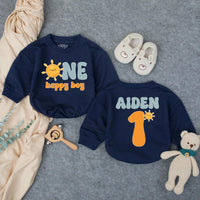 Custom Name First Birthday Romper with Smiling Sun Design, One Happy Boy Outfit in Retro Colors, Soft Baby Bodysuit Gift for 1st Party