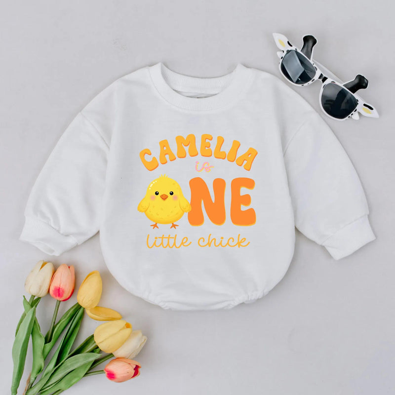 Custom Name First Birthday Romper with Yellow Chick Design Personalized Baby Outfit for Party, Cake Smash, Gift, Soft Cotton Clothes