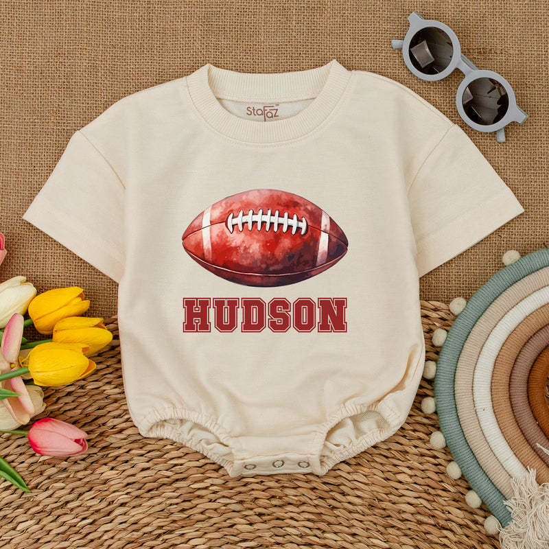 Custom Name Football Baby Romper Sporty Gameday Bodysuit with Hudson Graphic Soft Cotton Short Sleeve Baby Shower Gift