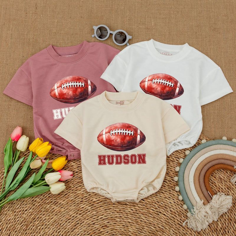 Custom Name Football Baby Romper Sporty Gameday Bodysuit with Hudson Graphic Soft Cotton Short Sleeve Baby Shower Gift