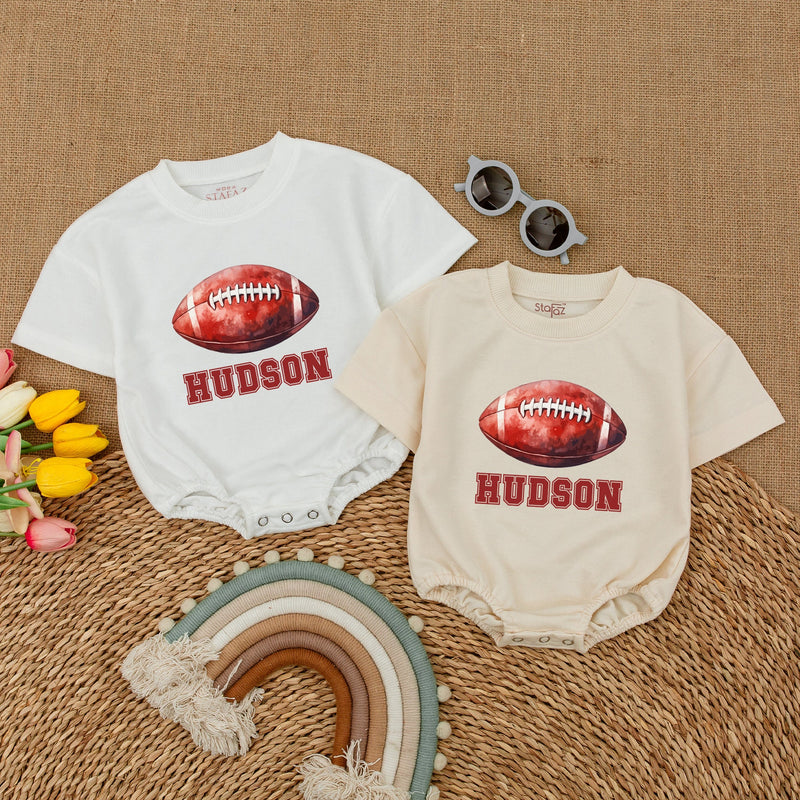 Custom Name Football Baby Romper Sporty Gameday Bodysuit with Hudson Graphic Soft Cotton Short Sleeve Baby Shower Gift