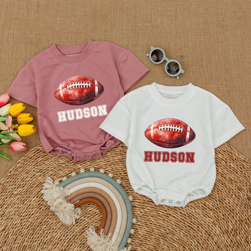 Custom Name Football Baby Romper Sporty Gameday Bodysuit with Hudson Graphic Soft Cotton Short Sleeve Baby Shower Gift