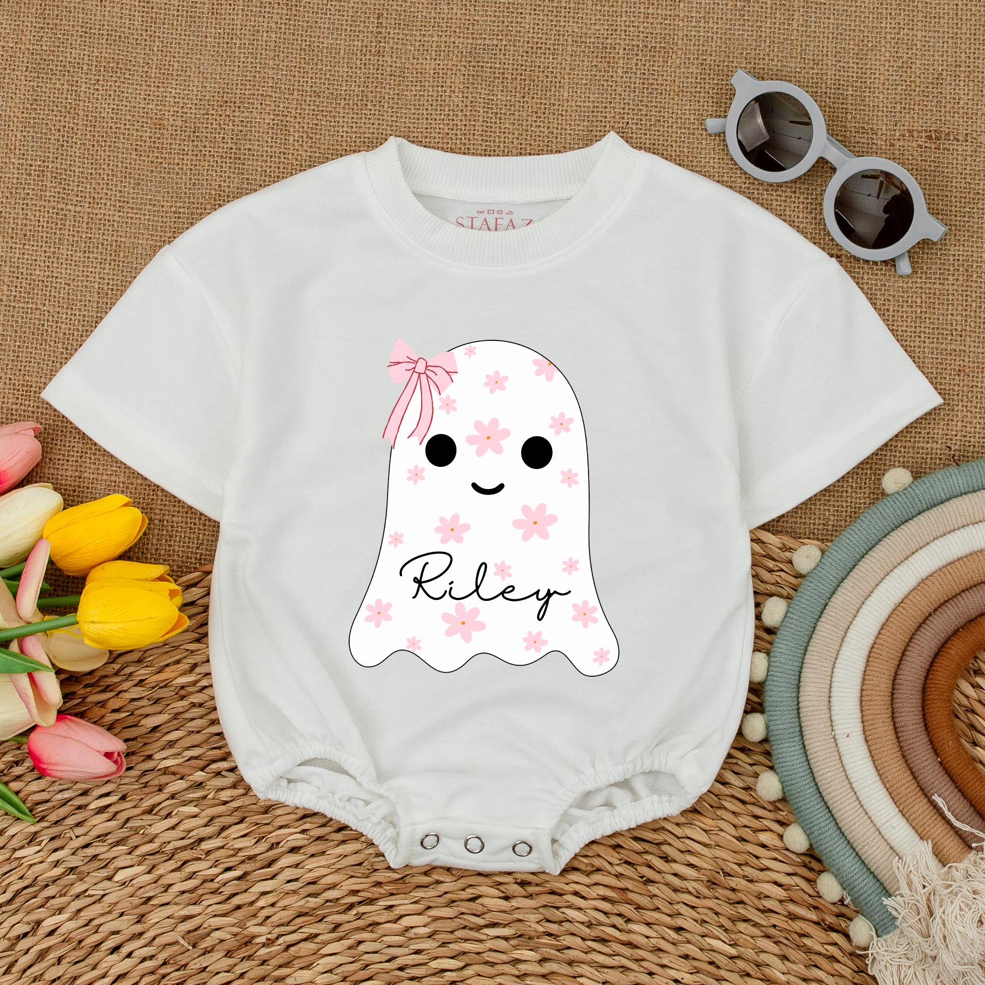 Custom Name Ghost Romper with Pink Bow Halloween Baby Bodysuit Gift Adorable Riley Infant Outfit Soft Cotton Fall Short Sleeve