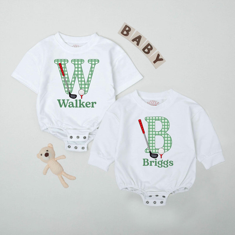 Custom Name Golf Baby Romper with Gingham Letter and Golf Club Design Playful Outfit for Baby Boy Newborn Gift Idea Sporty Look