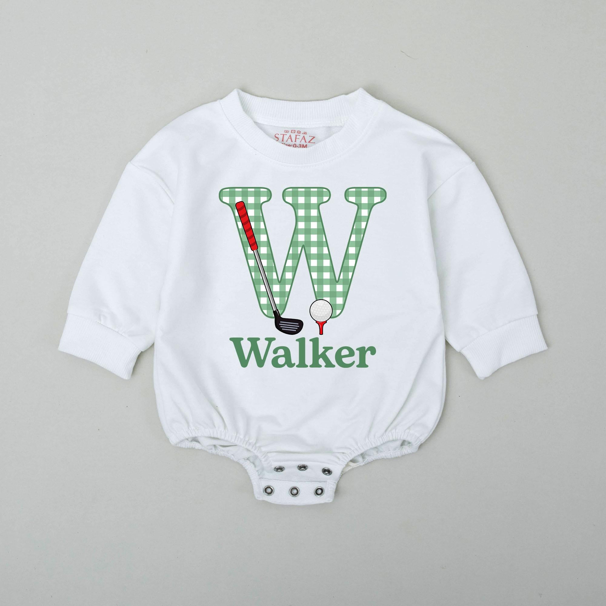 Custom Name Golf Baby Romper with Gingham Letter and Golf Club Design Playful Outfit for Baby Boy Newborn Gift Idea Sporty Look