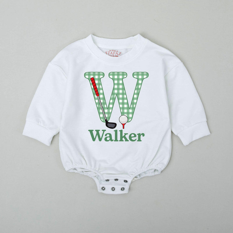 Custom Name Golf Baby Romper with Gingham Letter and Golf Club Design Playful Outfit for Baby Boy Newborn Gift Idea Sporty Look
