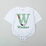 Custom Name Golf Baby Romper with Gingham Letter and Golf Club Design Playful Outfit for Baby Boy Newborn Gift Idea Sporty Look