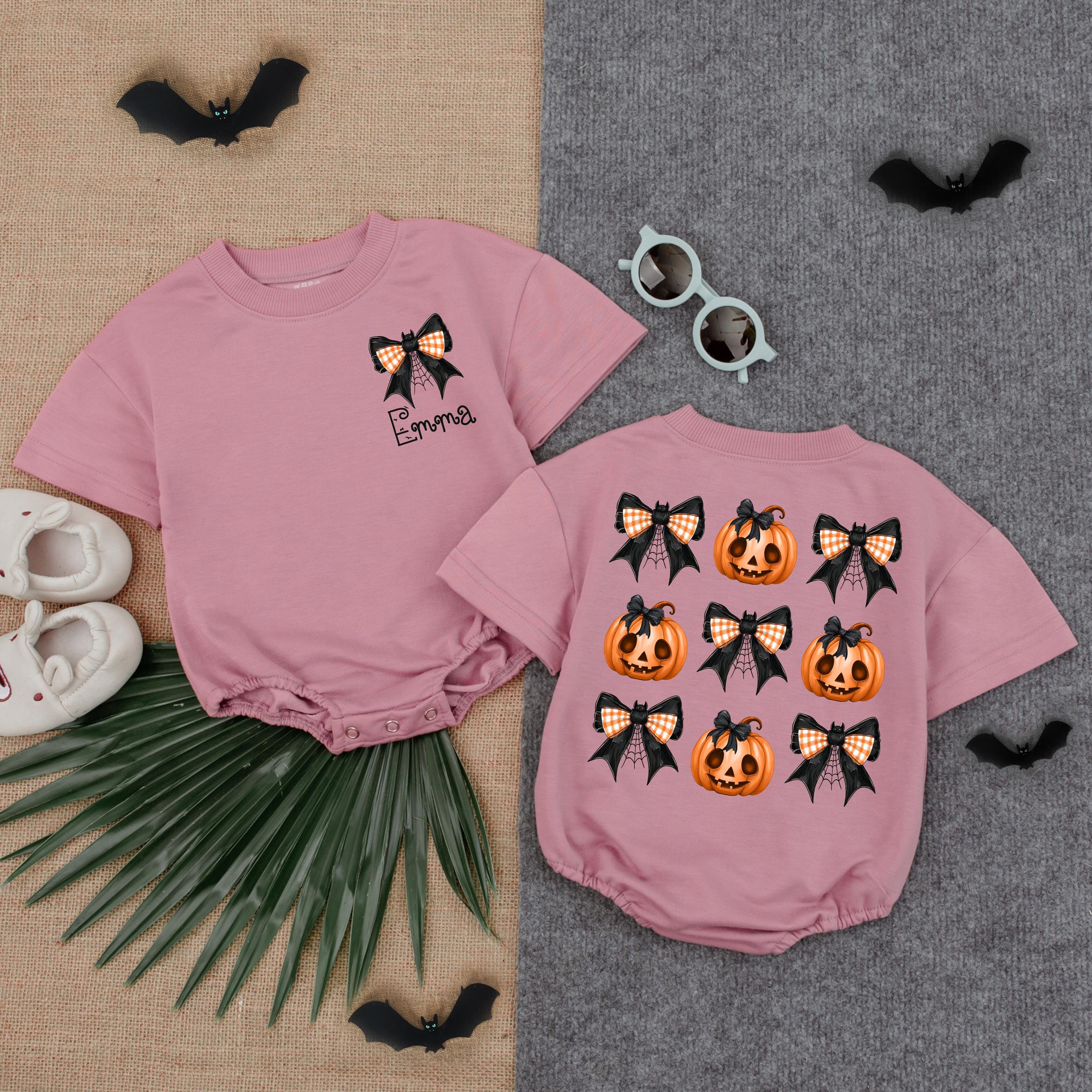 Custom Name Halloween Romper Festive Pumpkin Girl Outfit Toddler Baby Apparel Spooky Season Gift with Playful Jack-o'-Lanterns