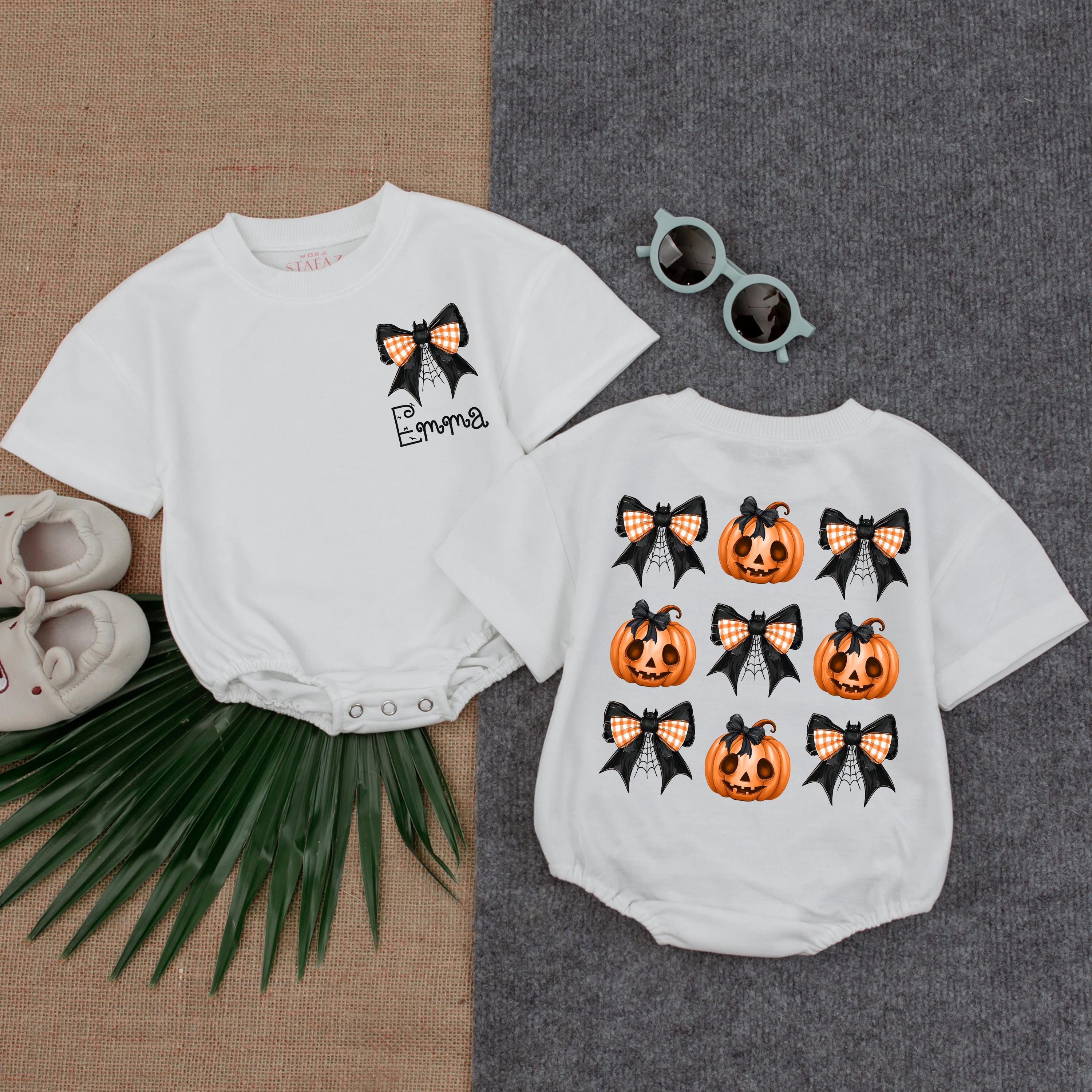 Custom Name Halloween Romper Festive Pumpkin Girl Outfit Toddler Baby Apparel Spooky Season Gift with Playful Jack-o'-Lanterns