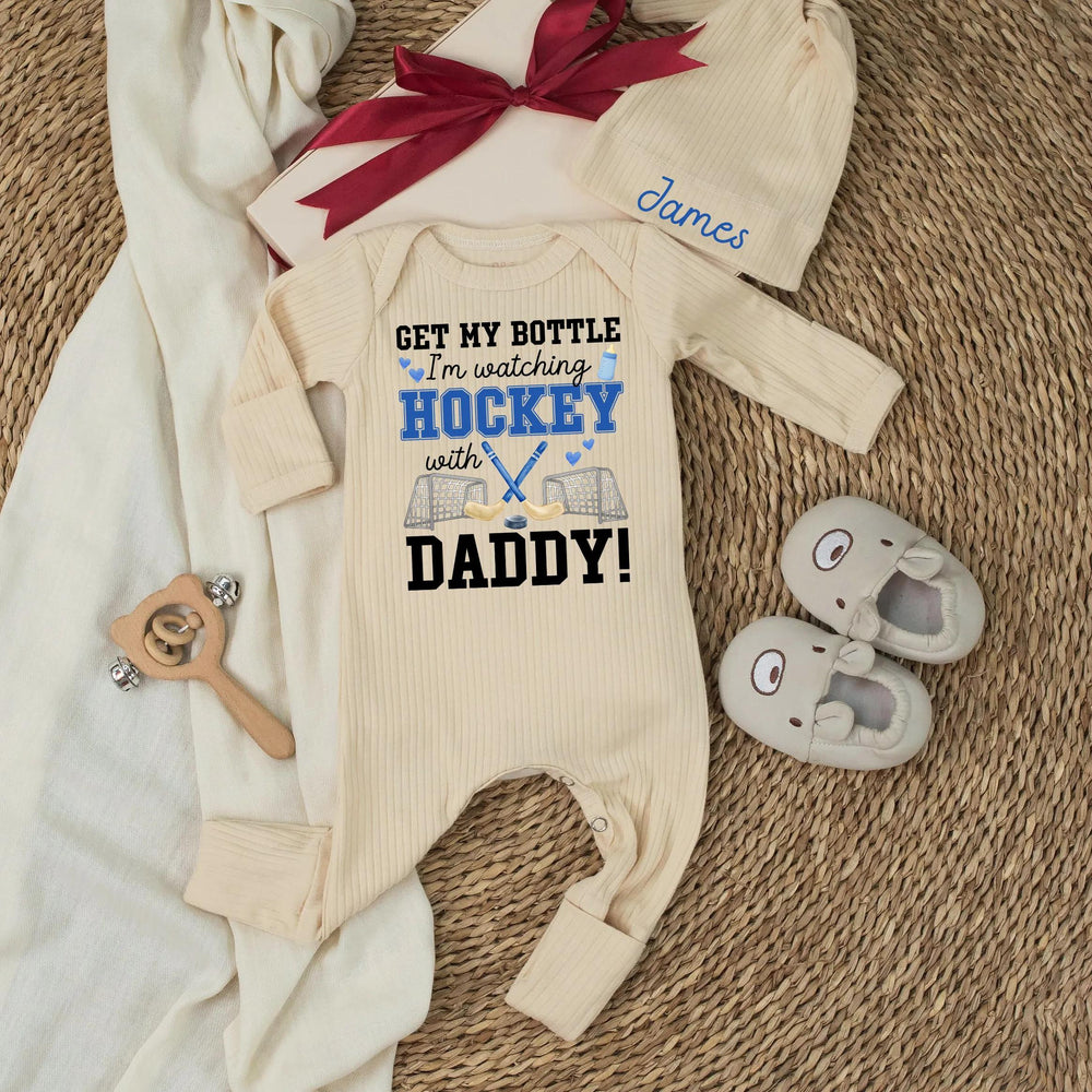 Custom Name Hockey Baby Bodysuit Playful Sports Design Newborn Outfit Fun Shower Gift Watching Games with Daddy Soft Cotton Blue Black