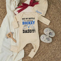 Custom Name Hockey Baby Bodysuit Playful Sports Design Newborn Outfit Fun Shower Gift Watching Games with Daddy Soft Cotton Blue Black