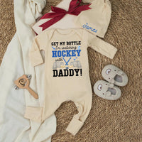 Custom Name Hockey Baby Bodysuit Playful Sports Design Newborn Outfit Fun Shower Gift Watching Games with Daddy Soft Cotton Blue Black