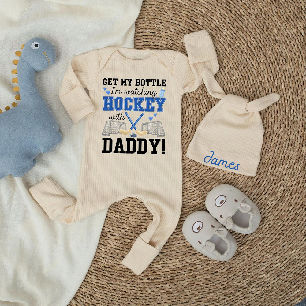 Custom Name Hockey Baby Bodysuit Playful Sports Design Newborn Outfit Fun Shower Gift Watching Games with Daddy Soft Cotton Blue Black