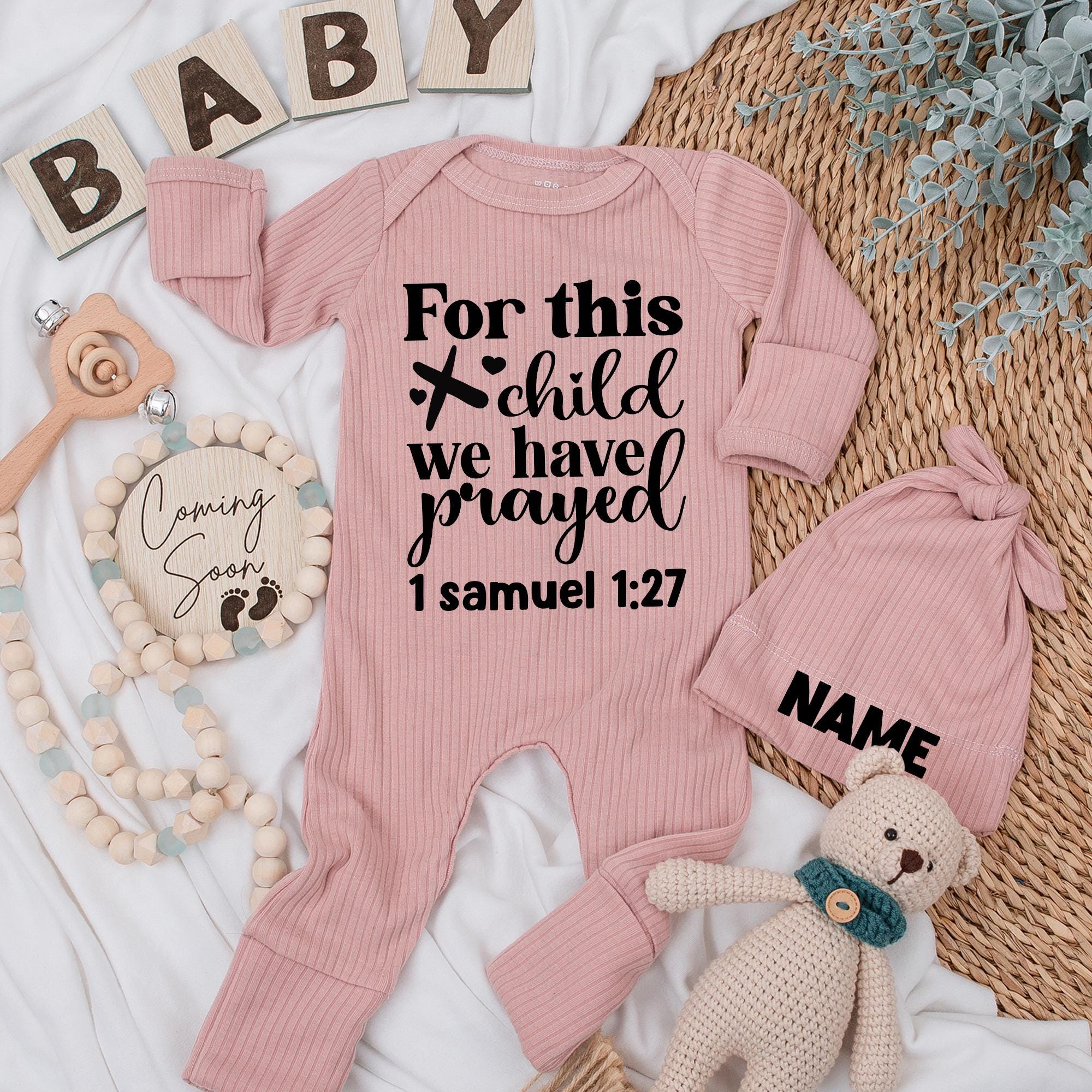 Custom Name Infant Bodysuit and Hat For This Child We Have Prayed Newborn Baby Outfit Gift 1 Samuel 1:27 Spiritual Design
