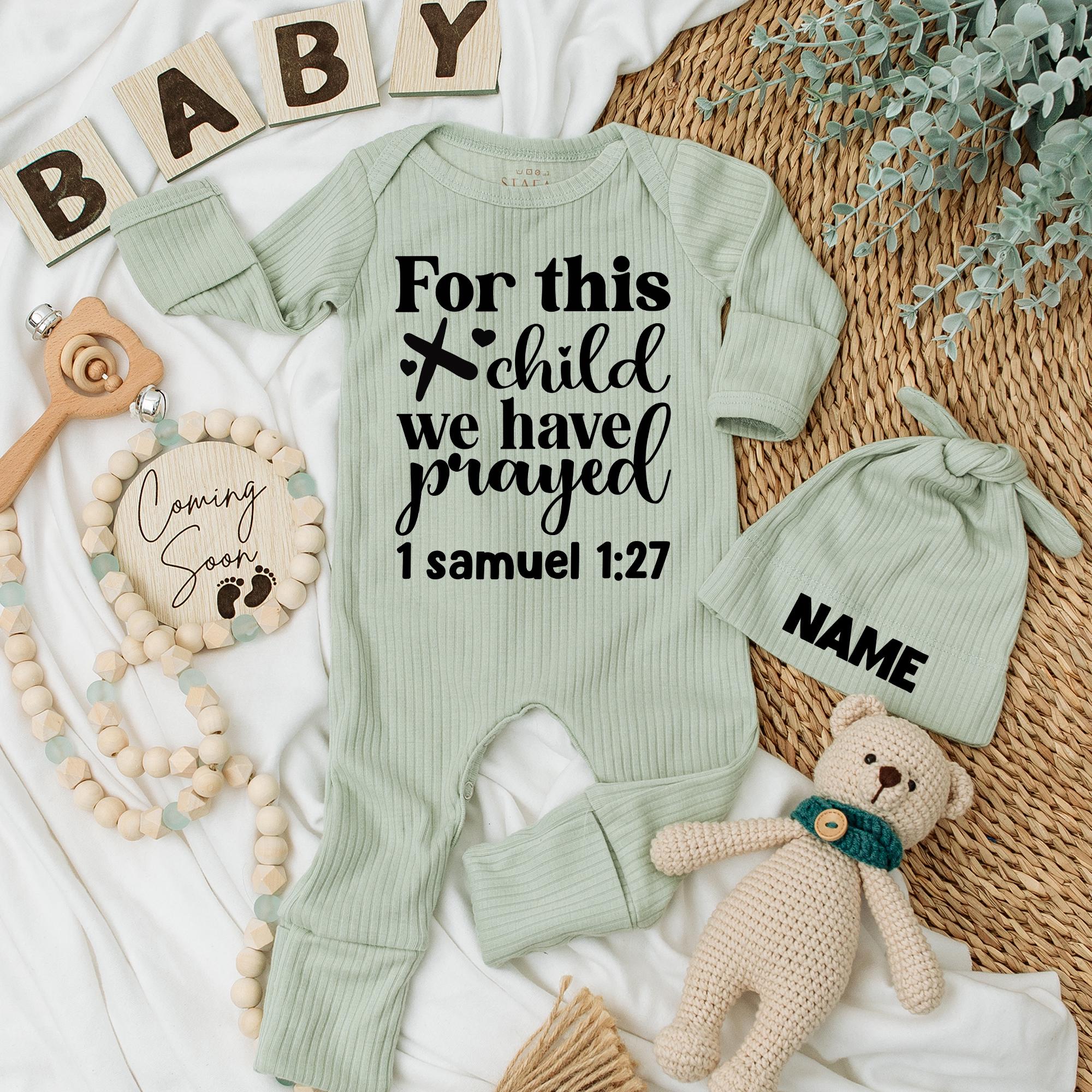 Custom Name Infant Bodysuit and Hat For This Child We Have Prayed Newborn Baby Outfit Gift 1 Samuel 1:27 Spiritual Design