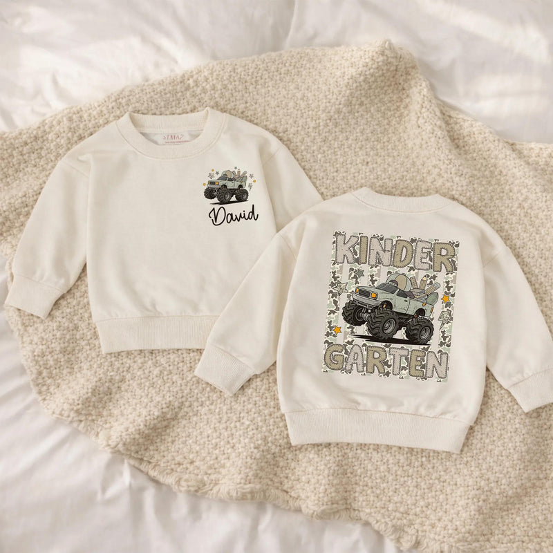 Custom Name Kindergarten Truck Shirt for Boys, Camo Monster Truck Kids Long Sleeve Romper, Back to School Outfit, Soft Cotton Tee