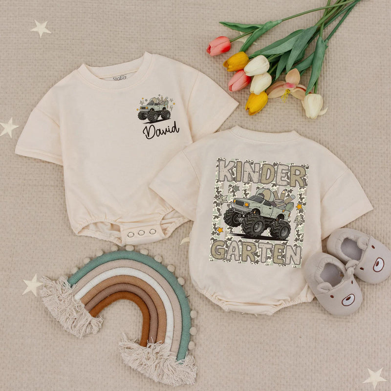 Custom Name Kindergarten Truck Shirt for Boys, Camo Monster Truck Kids Long Sleeve Romper, Back to School Outfit, Soft Cotton Tee