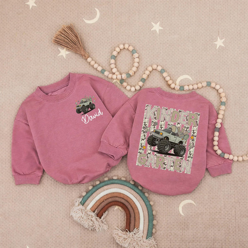 Custom Name Kindergarten Truck Shirt for Boys, Camo Monster Truck Kids Long Sleeve Romper, Back to School Outfit, Soft Cotton Tee