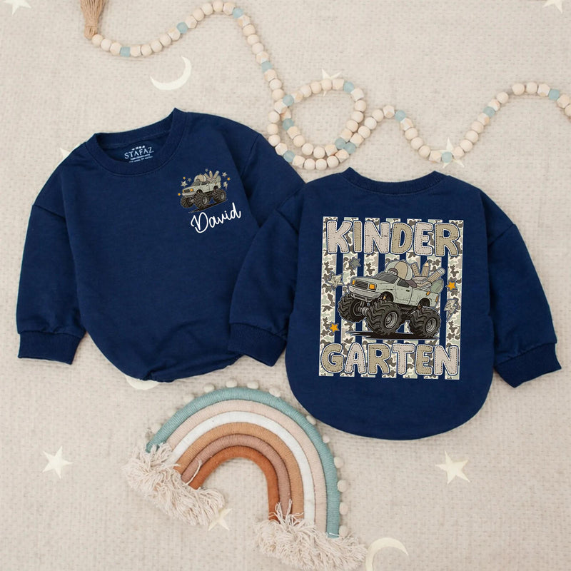 Custom Name Kindergarten Truck Shirt for Boys, Camo Monster Truck Kids Long Sleeve Romper, Back to School Outfit, Soft Cotton Tee