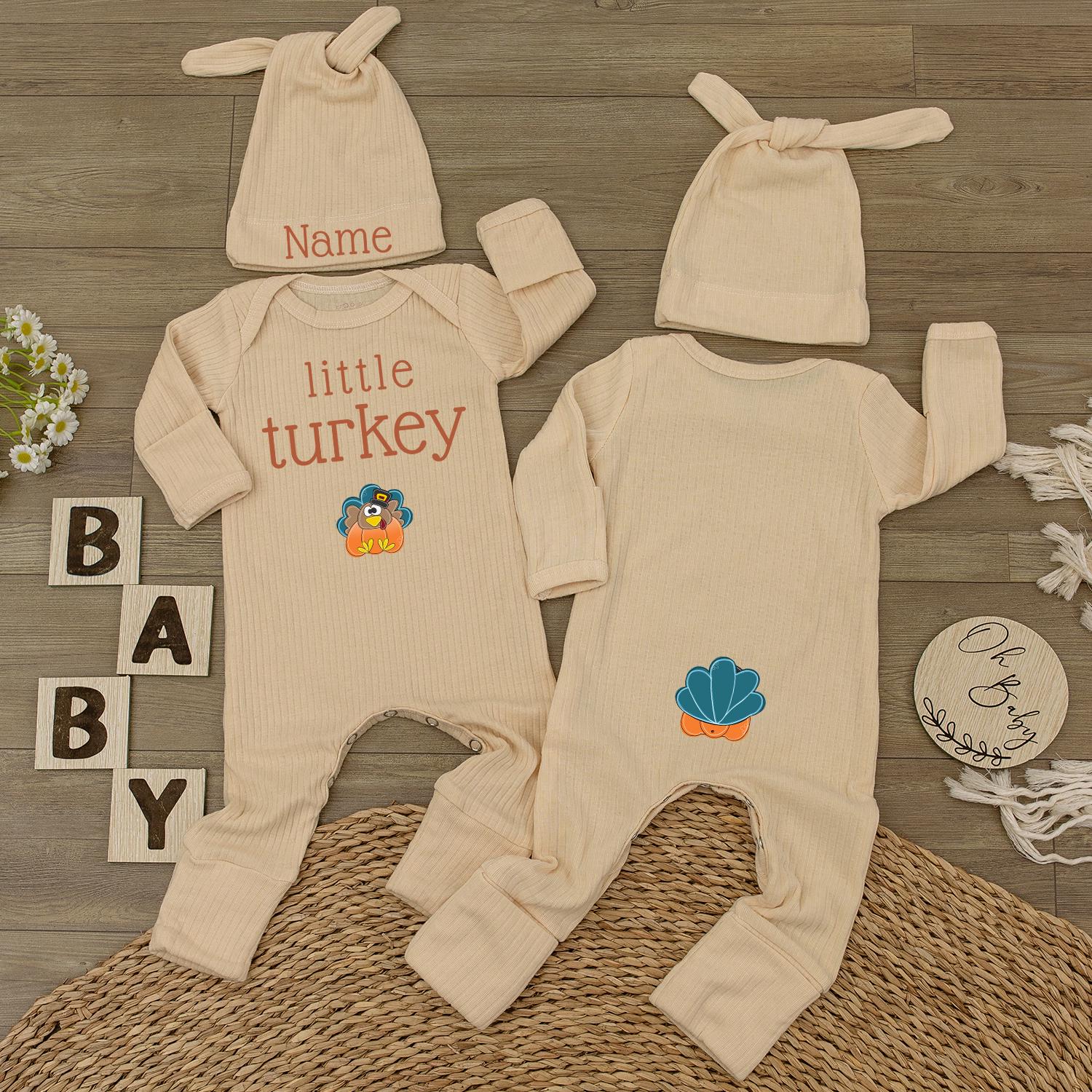 Custom Name Little Turkey Baby Bodysuit Thanksgiving Newborn Outfit Soft Cotton Personalized Baby Shower Gift First Holiday