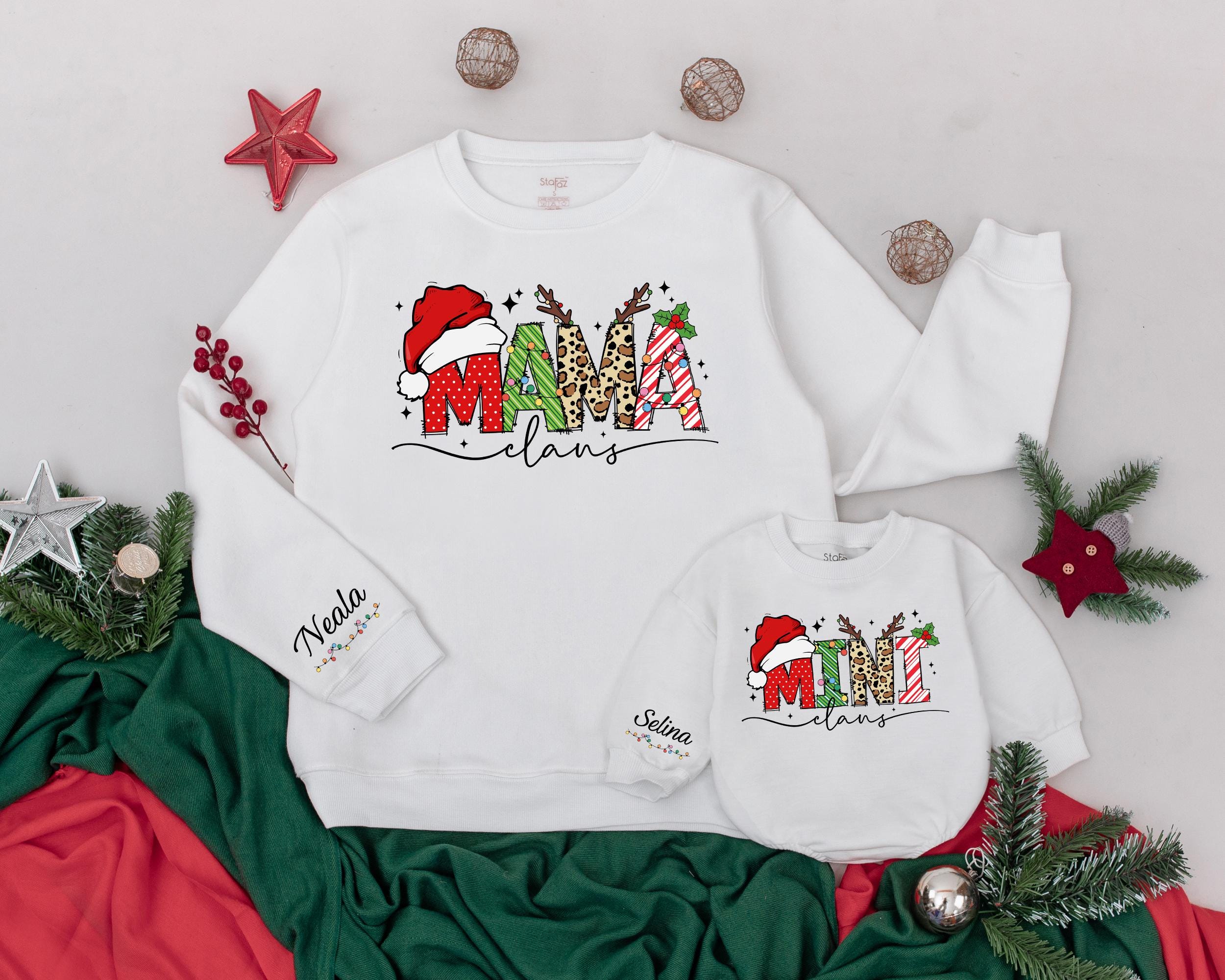 Custom Name Mama and Mini Claus Christmas Sweaters Vintage Holiday Matching Family Outfits Festive Design Soft Cotton Personalized Gift