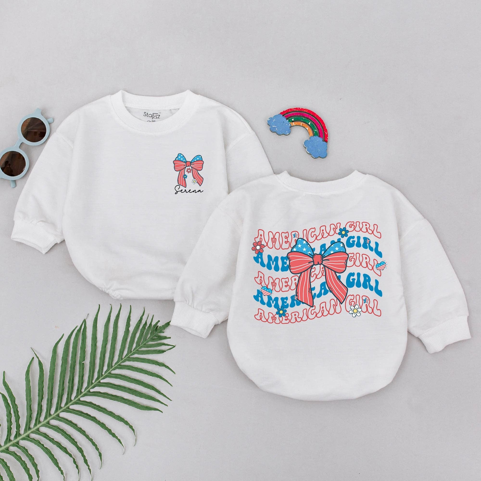 Custom Name Patriotic American Girl Romper Baby 4th of July Outfit Festive Red White Blue Bow Birthday Gift Infant Party Bodysuit