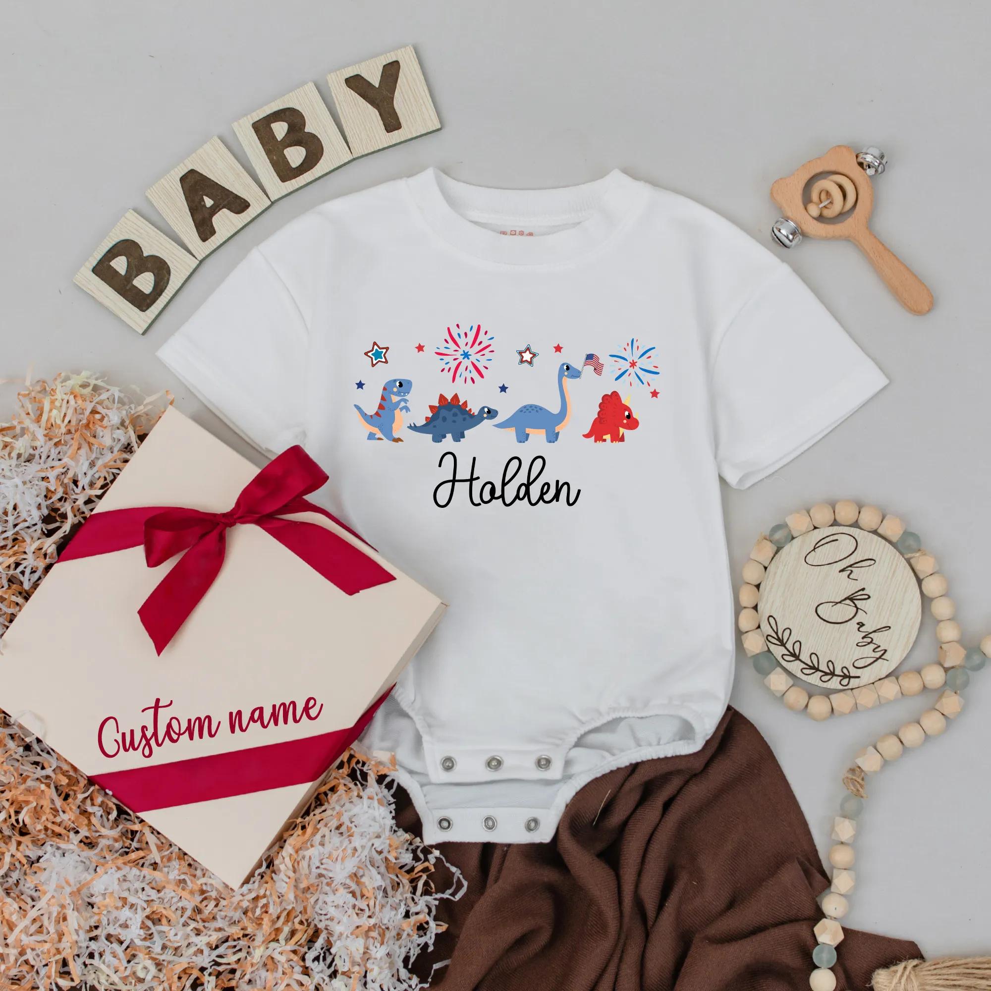 Custom Name Patriotic Dinosaur Baby Romper Independence Day Outfit for Boy Fun Fireworks Design Holden's 4th of July Bubble Romper
