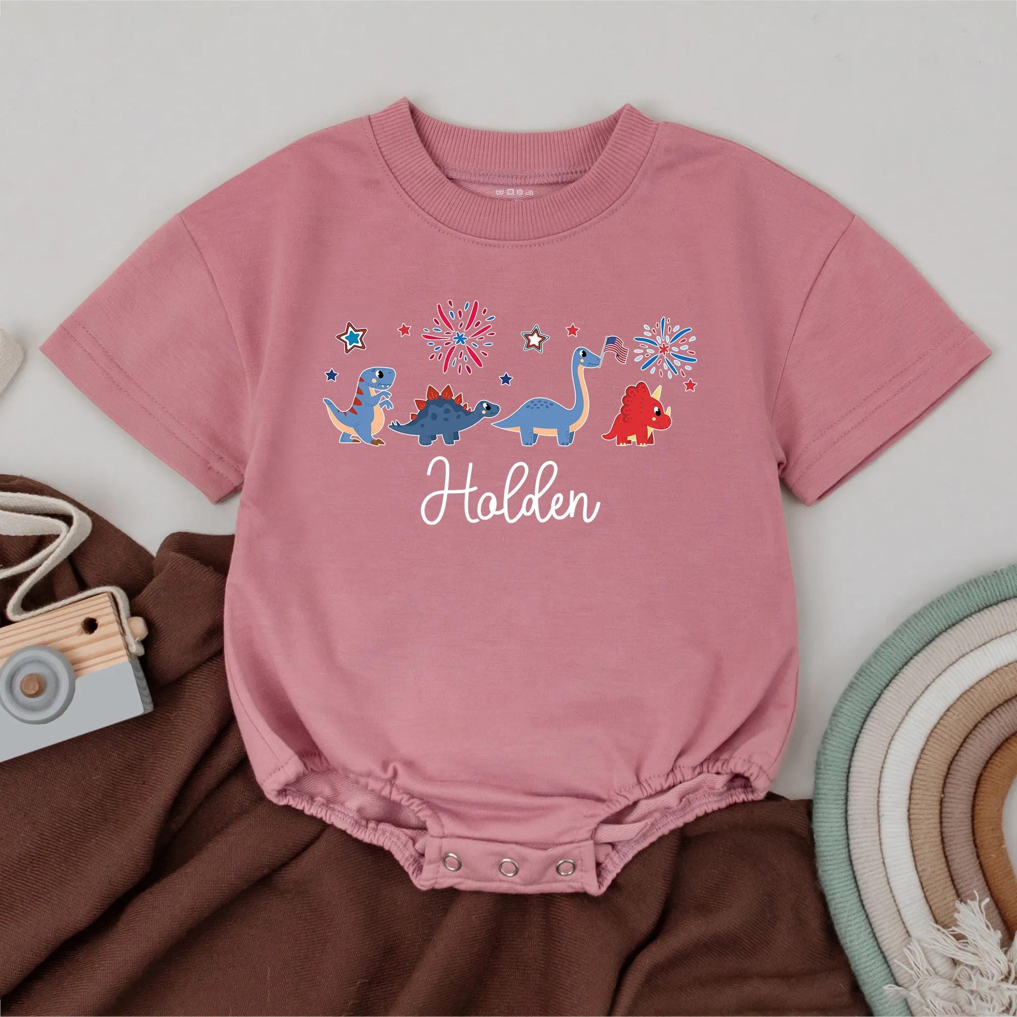 Custom Name Patriotic Dinosaur Baby Romper Independence Day Outfit for Boy Fun Fireworks Design Holden's 4th of July Bubble Romper