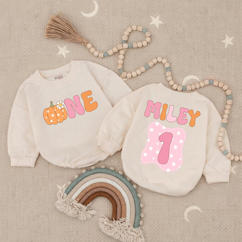 Custom Name Pumpkin First Birthday Romper for Baby Girls, Retro Bubble Babysuit with Daisy Patch, Soft Cotton Celebration Outfit Gift