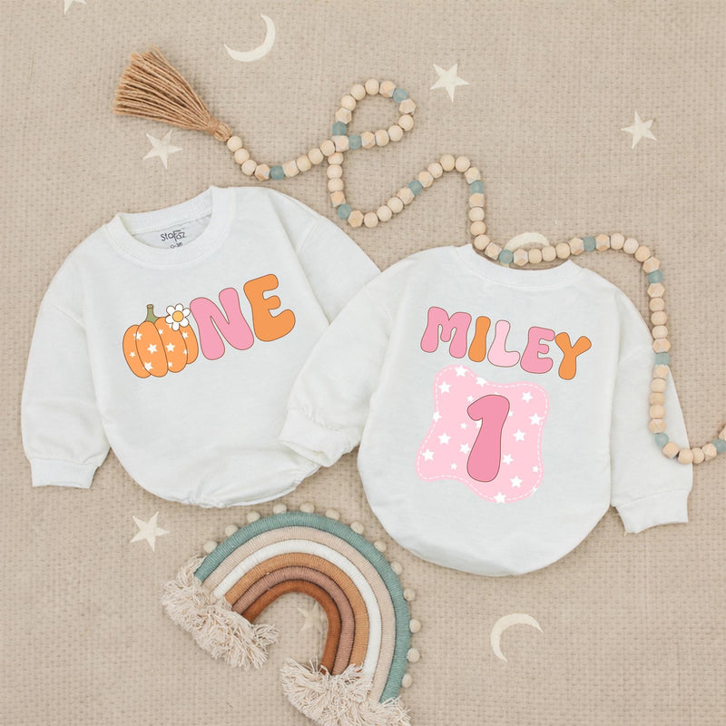 Custom Name Pumpkin First Birthday Romper for Baby Girls, Retro Bubble Babysuit with Daisy Patch, Soft Cotton Celebration Outfit Gift