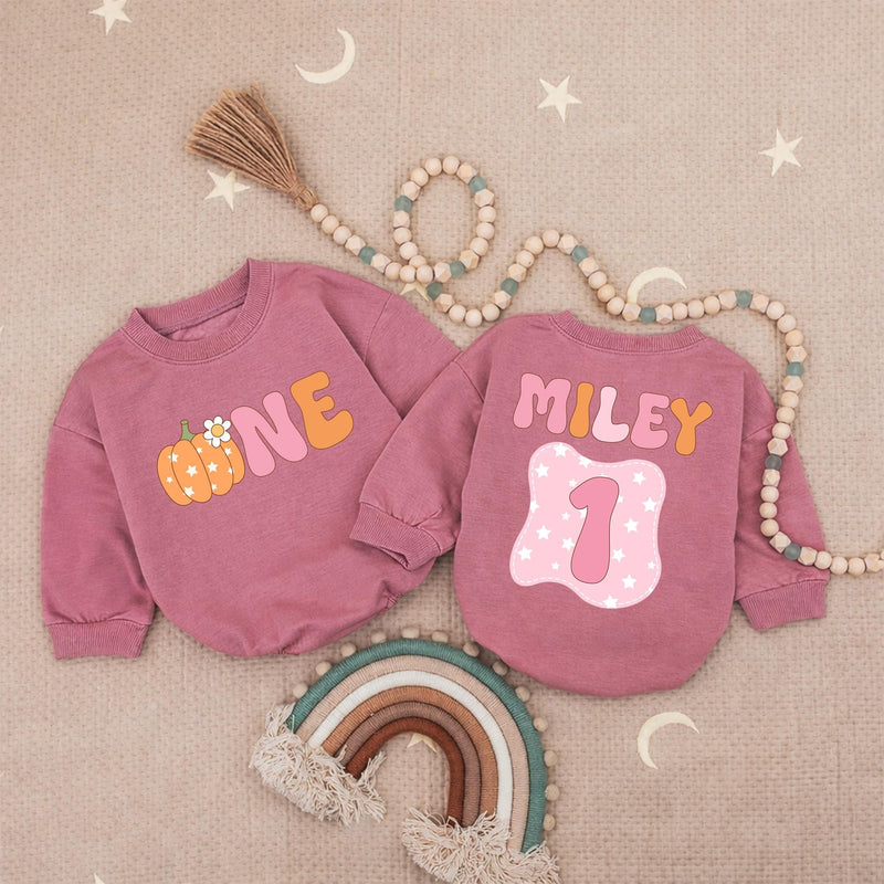 Custom Name Pumpkin First Birthday Romper for Baby Girls, Retro Bubble Babysuit with Daisy Patch, Soft Cotton Celebration Outfit Gift