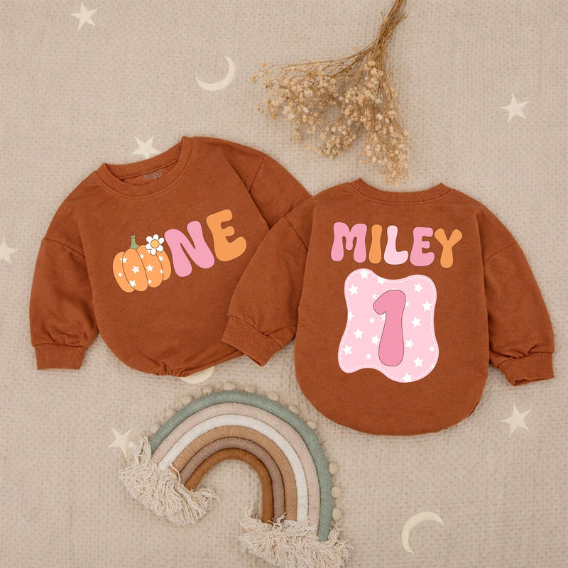 Custom Name Pumpkin First Birthday Romper for Baby Girls, Retro Bubble Babysuit with Daisy Patch, Soft Cotton Celebration Outfit Gift