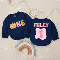 Custom Name Pumpkin First Birthday Romper for Baby Girls, Retro Bubble Babysuit with Daisy Patch, Soft Cotton Celebration Outfit Gift