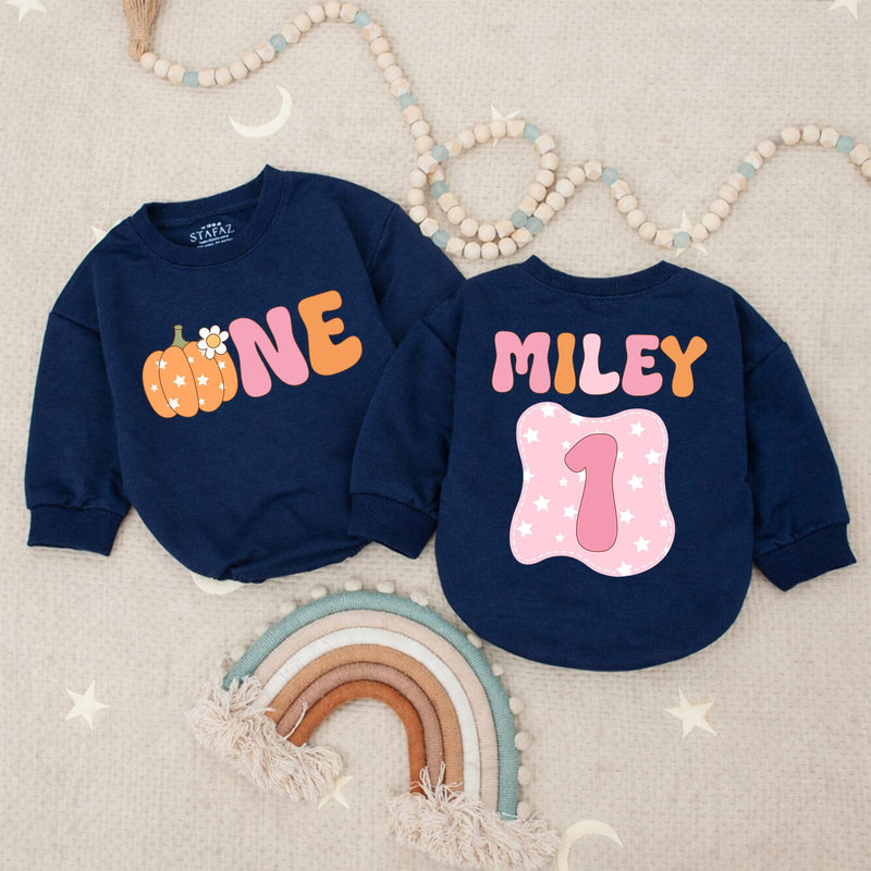 Custom Name Pumpkin First Birthday Romper for Baby Girls, Retro Bubble Babysuit with Daisy Patch, Soft Cotton Celebration Outfit Gift