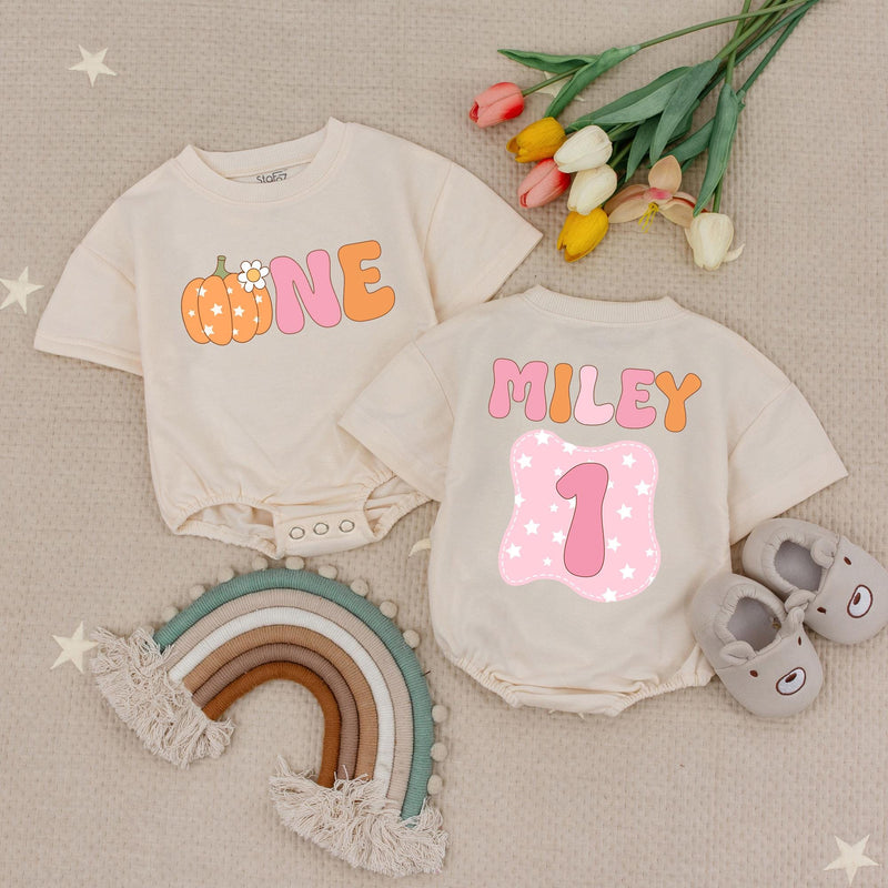 Custom Name Pumpkin First Birthday Romper for Baby Girls, Retro Bubble Babysuit with Daisy Patch, Soft Cotton Celebration Outfit Gift