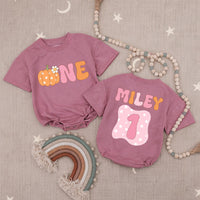 Custom Name Pumpkin First Birthday Romper for Baby Girls, Retro Bubble Babysuit with Daisy Patch, Soft Cotton Celebration Outfit Gift