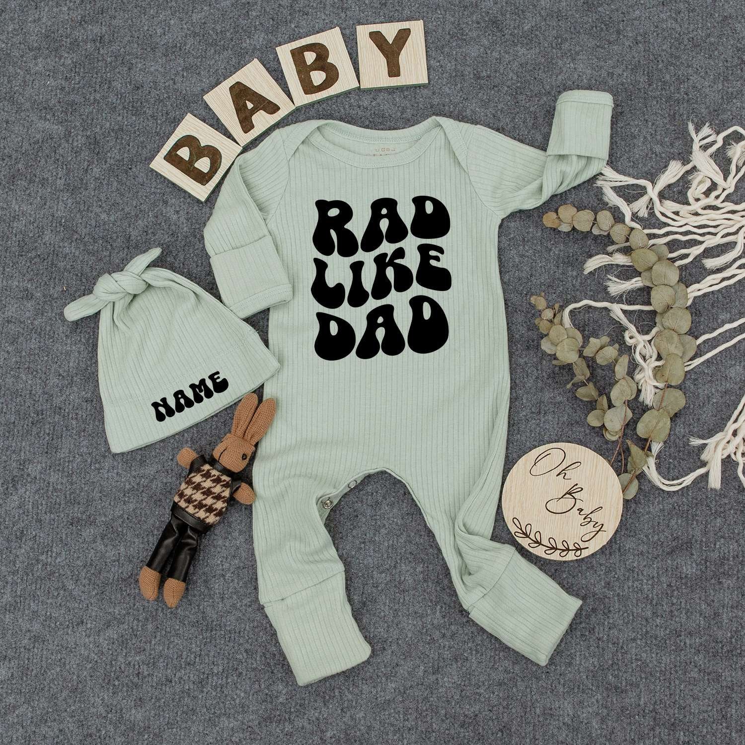 Custom Name Rad Like Dad Set Baby Romper Outfit with Hat Personalized Newborn Gift Soft Cotton Playful Boho Style for Boys and Girls