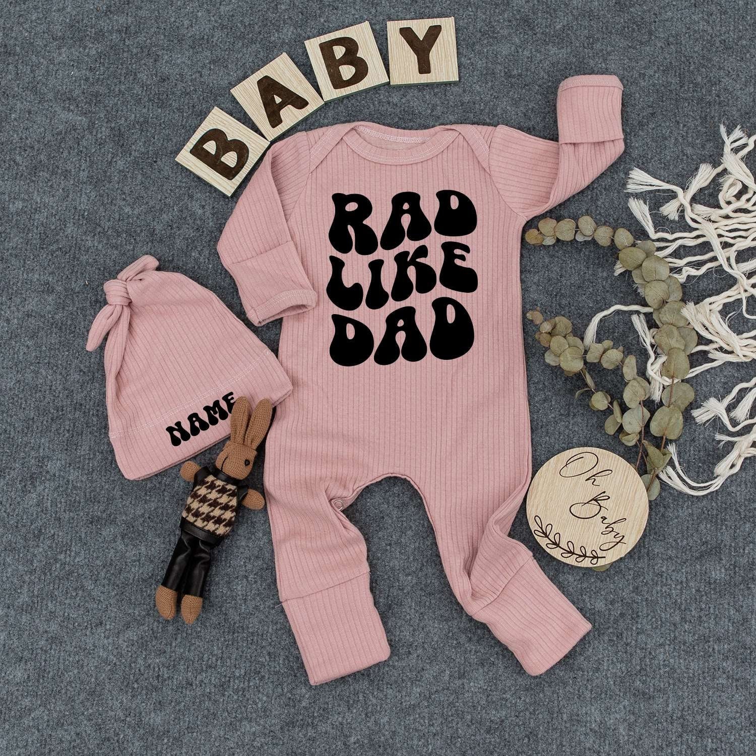 Custom Name Rad Like Dad Set Baby Romper Outfit with Hat Personalized Newborn Gift Soft Cotton Playful Boho Style for Boys and Girls