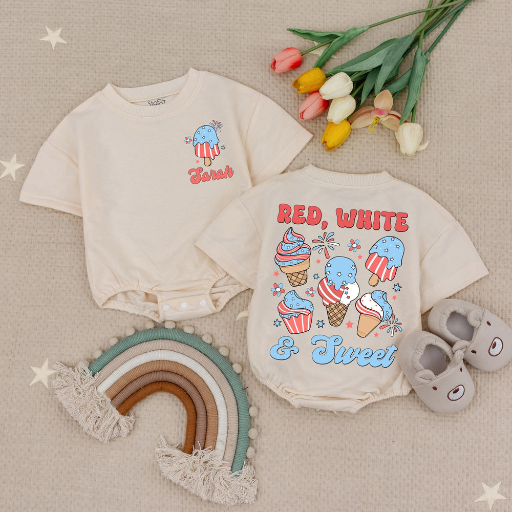 Custom Name Red White and Sweet Baby Romper with Ice Cream Design, Patriotic 4th of July Infant Outfit, Soft Summer Cotton Babysuit Gift